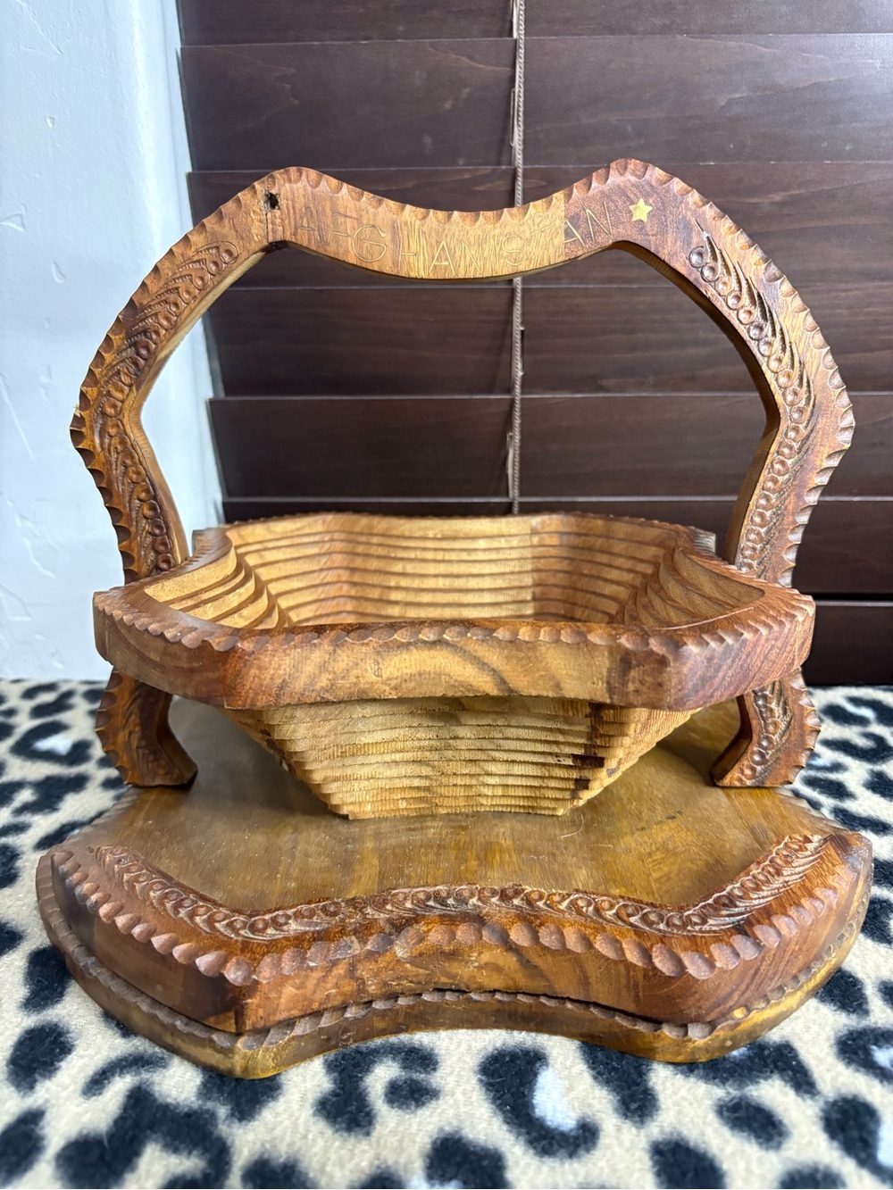 vintage hand-carved wooden collapsible fruit basket